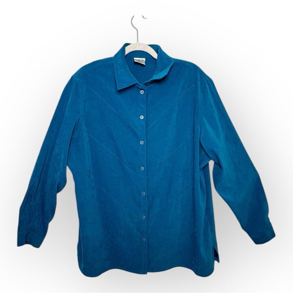 Vintage Allison Daley Teal Blue Faux Suede Button Blouse Retro Bohemian 18W